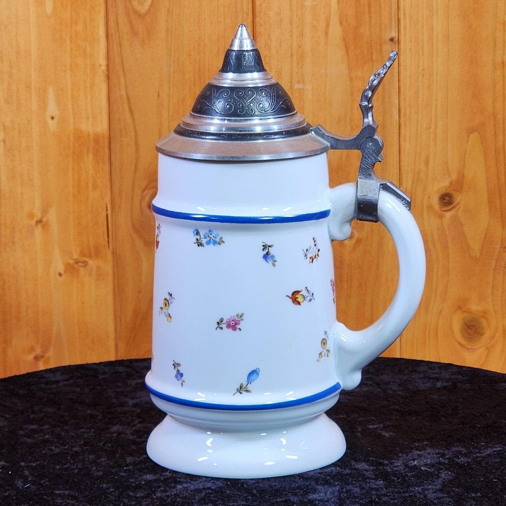 Authentic German Beer Stein Hand Painted Floral Blue Stripe Stein 8 Inch Barware